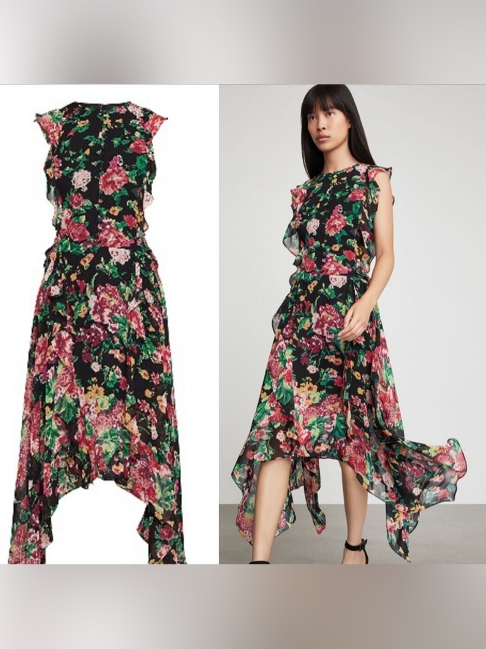 BCBGMAXAZRIA Black Floral Ruffled Asymmetrical Midi Cocktail Dress Size 2